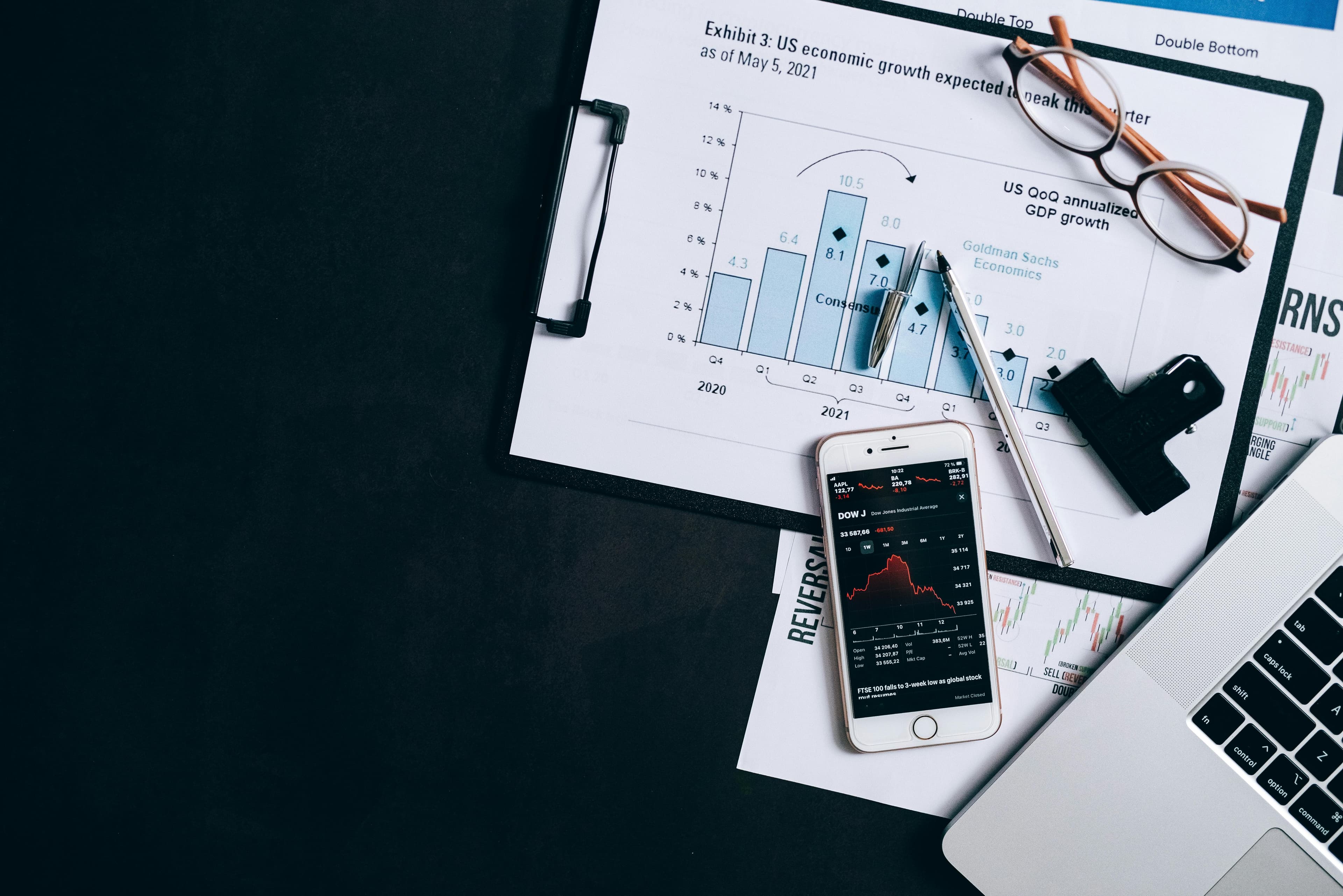 Graphiques boursiers et indicateurs financiers sur un bureau